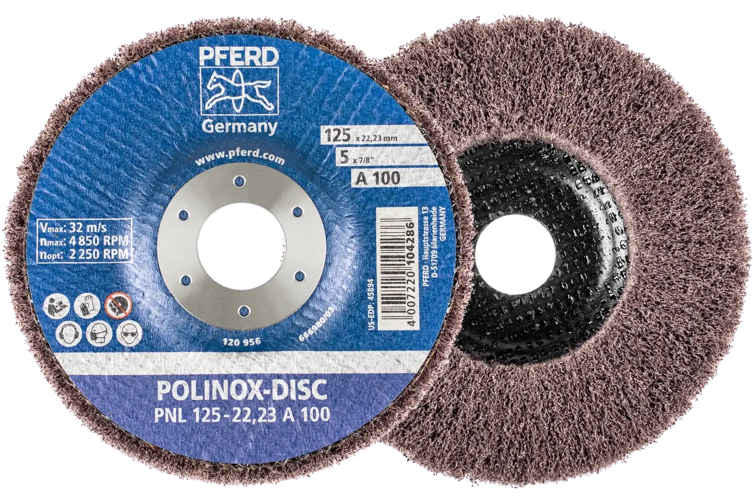Picture of Pferd Polinox® Fibre-backing disc, 5" 3/4 x 7/8, Radial, 100 Grit, Aluminum oxide